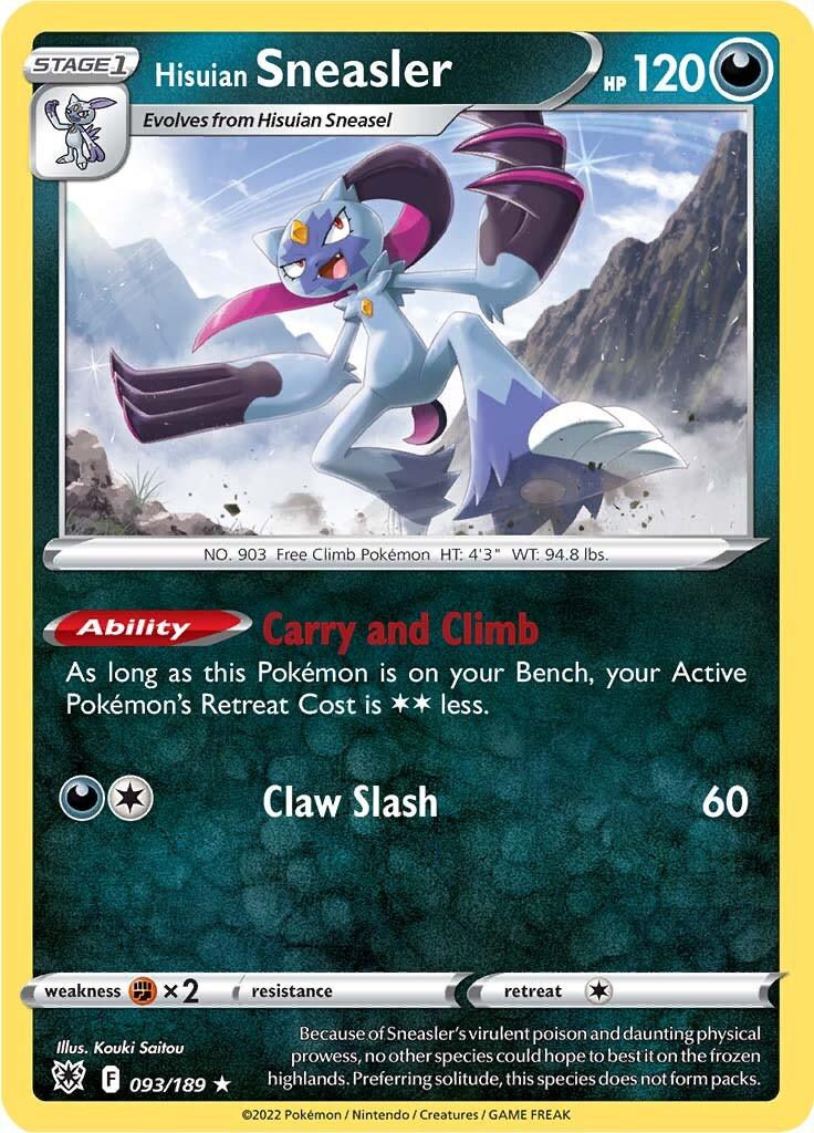 A Pokémon Hisuian Sneasler (093/189) [Sword & Shield: Astral Radiance] featuring Hisuian Sneasler with 120 HP from the Pokémon Sword & Shield: Astral Radiance series. The card is outlined in yellow. Hisuian Sneasler is depicted standing on a snowy mountain with sharp claws and a confident expression, showcasing abilities like 