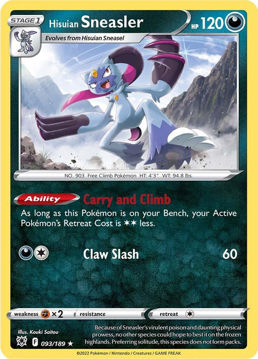 A Pokémon Hisuian Sneasler (093/189) [Sword & Shield: Astral Radiance] featuring Hisuian Sneasler with 120 HP from the Pokémon Sword & Shield: Astral Radiance series. The card is outlined in yellow. Hisuian Sneasler is depicted standing on a snowy mountain with sharp claws and a confident expression, showcasing abilities like "Carry and Climb" and the damaging "Claw Slash.