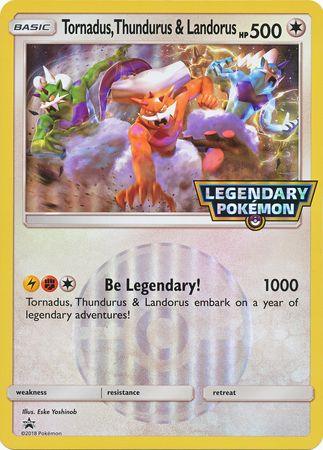A Pokémon Tornadus, Thundurus & Landorus (Jumbo Card) [Miscellaneous Cards] featuring Tornadus, Thundurus, and Landorus. The trio is depicted in dynamic battle poses with colorful auras. This Promo card text highlights a "Be Legendary!" slogan. The HP is 500, and the card background includes the title "Legendary Pokemon" with various game stats at the bottom.
