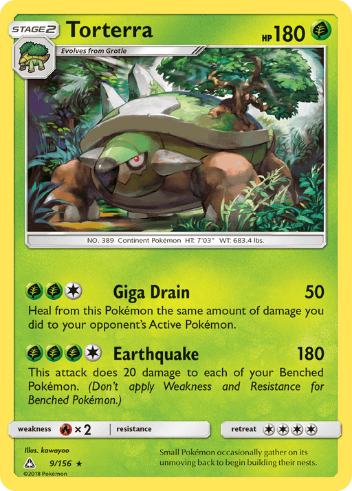 A Holo Rare Pokémon trading card featuring Torterra (9/156) [Sun & Moon: Ultra Prism] from **Pokémon**. It has 180 HP, evolves from Grotle, and is a Grass-type Pokémon. The card displays two moves: Giga Drain (50 damage and heals equal to damage dealt) and Earthquake (180 damage, also doing 20 damage to the user's benched Pokémon). Illustrator: kawayoo.