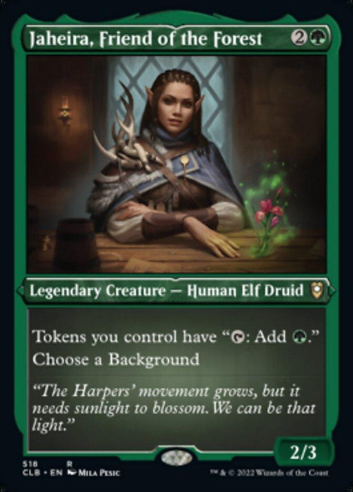 A Magic: The Gathering card titled "Jaheira, Friend of the Forest (Foil Etched) [Commander Legends: Battle for Baldur's Gate]" from the Commander Legends series. It depicts a Human Elf Druid holding a staff, surrounded by lush greenery and a small pot with a glowing plant. The card has green details and text denoting it as a Legendary Creature with abilities related to tokens.