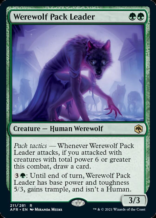 A Magic: The Gathering card titled "Werewolf Pack Leader [Dungeons & Dragons: Adventures in the Forgotten Realms]." It depicts a Creature Human Werewolf in a purple-lit scene, leading a pack through a foggy forest. The card is green with two green mana symbols and has a power/toughness of 3/3. The text describes abilities involving pack tactics and transformation.