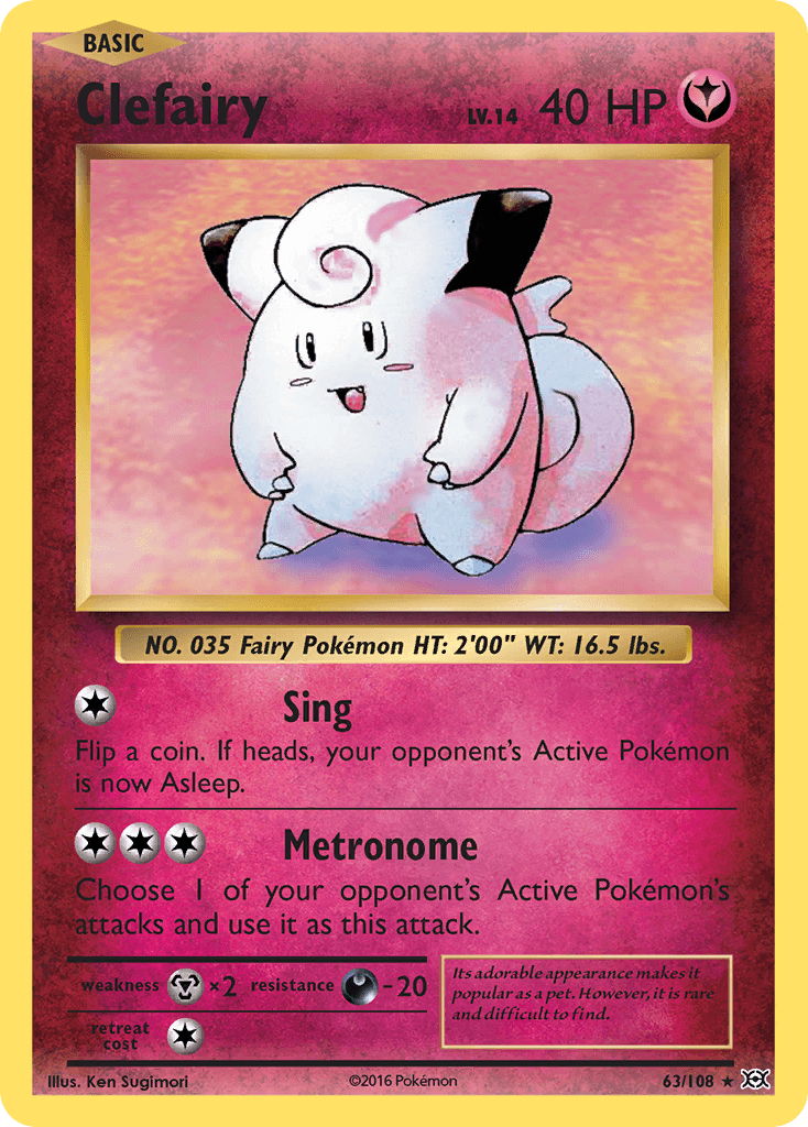 A Pokémon trading card featuring Clefairy, a pink, round Fairy-type Pokémon with a curly tuft of hair. The Holo Rare card states Clefairy is a Basic Pokémon with 40 HP. Below the image are two moves: 