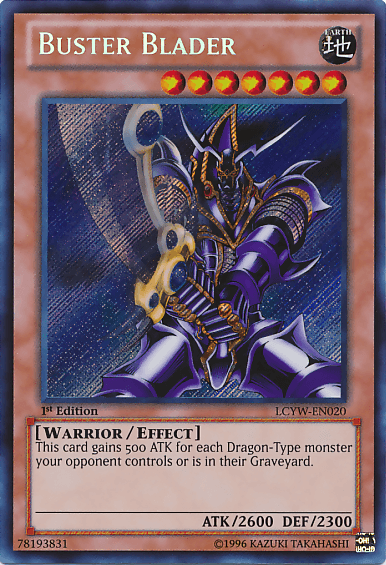 The Yu-Gi-Oh! Buster Blader [LCYW-EN020] Secret Rare card features an Effect Monster displaying a warrior in dark armor wielding a large sword. It has 6 stars and carries the Earth attribute, boasting 2600 ATK and 2300 DEF. This card gains an additional 500 ATK for each Dragon-Type monster that your opponent controls or has in their graveyard.