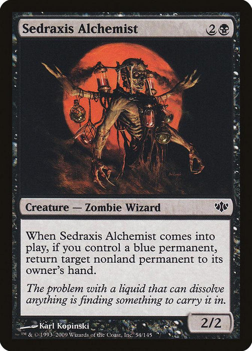 This "Sedraxis Alchemist [Conflux]" Magic: The Gathering card spotlights a grotesque Zombie Wizard with a skull head and green eyes, gripping vials against a fiery orange backdrop. Costing 2B for 2 power and 2 toughness, it can return nonland permanents when you control a blue permanent.