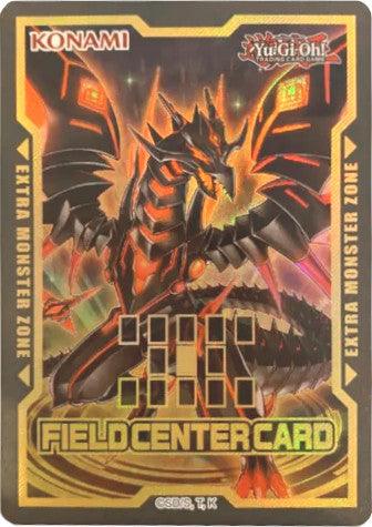 A Yu-Gi-Oh! Field Center Card: Darkness Metal, the Dragon of Dark Steel (Back to Duel) Promo featuring a dragon with black and red armor, surrounded by flames. The card has gold borders and the 