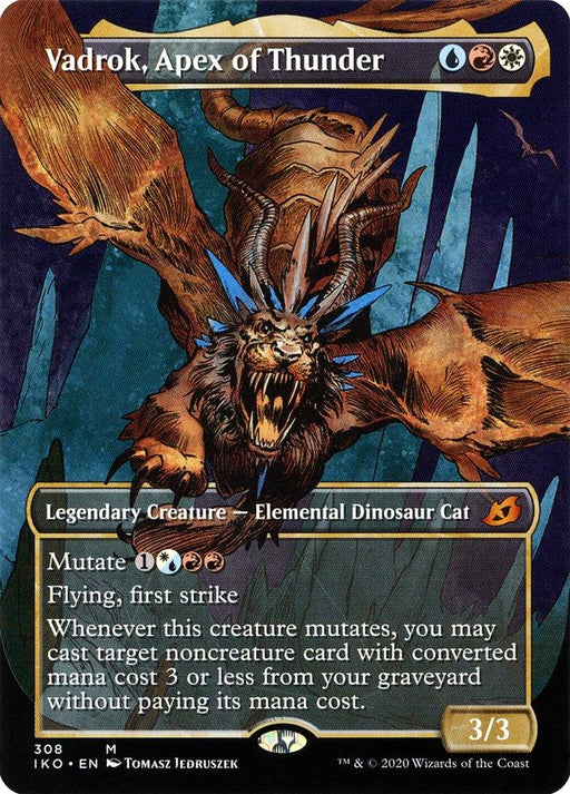 A "Magic: The Gathering" card of **Vadrok, Apex of Thunder (Showcase) [Ikoria: Lair of Behemoths].** This Legendary Creature features a fierce, winged being with jagged teeth, blending Elemental Dinosaur Cat traits. It boasts 3/3 power and toughness, with flying, first strike keywords, mutate costs and additional spell text from Ikoria: Lair of Behemoths.