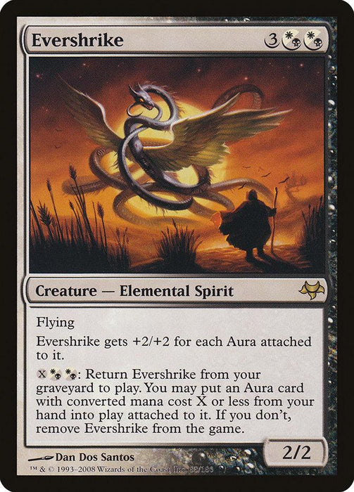 A Magic: The Gathering card titled "Evershrike [Eventide]" features a captivating border design. The artwork depicts a glowing serpent-like Elemental Spirit with wings and a piercing gaze, while a hooded figure in the distance holds a staff. The card text details its abilities, cost, and power/toughness (2/2).