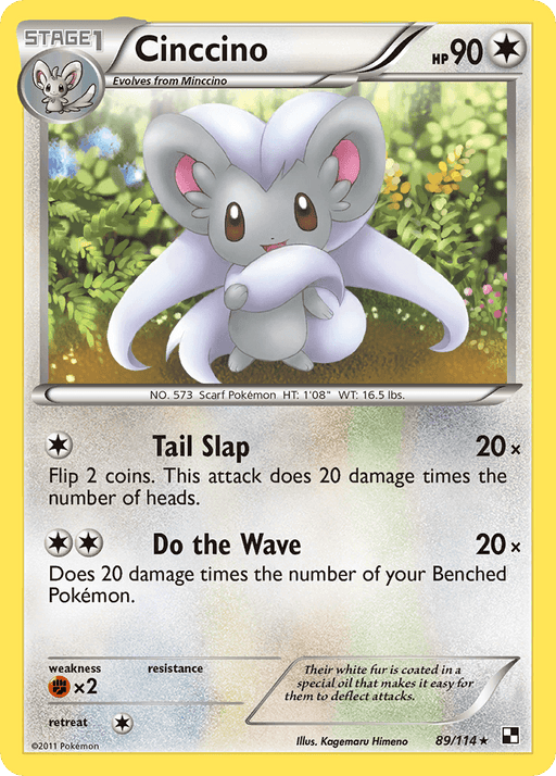 A Pokémon trading card features Cinccino, a white, mouse-like creature with large, fluffy ears and a bushy tail. This rare card details include 90 HP, an evolution from Minccino, and two attack moves: Tail Slap and Do the Wave. The colorless card has a yellow border, is numbered 89/114, and includes a retreat cost of one energy. The product name is Cinccino (89/114) [Black & White: Base Set], branded by Pokémon.