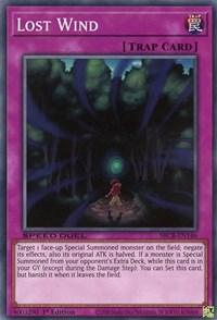 A Yu-Gi-Oh! trading card titled "Lost Wind [SBCB-EN146] Common" with purple borders, indicating it's a Normal Trap card. The art depicts a cloaked figure in a dark forest with wind blowing leaves. Featured in the Speed Duel: Battle City Box, it negates a Special Summoned monster's effects and halves its attack power.