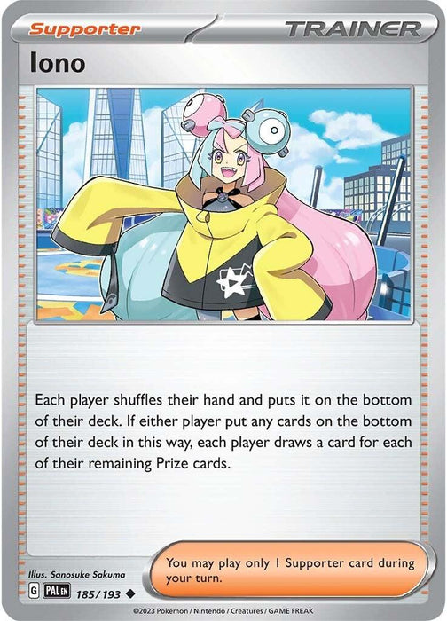 A Pokémon card featuring Iono from the *Scarlet & Violet* series. Iono, with her pink and blue hair, wears a yellow and black jacket and holds a Poké Ball. This Supporter Trainer card highlights her effect amidst a sunny sky backdrop with a Ferris wheel, capturing the essence of Paldea Evolved.

Product Name: Pokémon Iono (185/193) [Scarlet & Violet: Paldea Evolved]