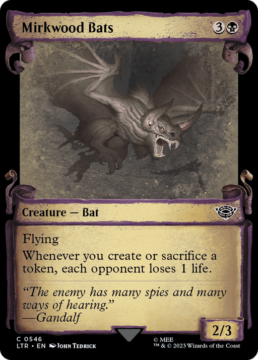 A Magic: The Gathering card titled "Mirkwood Bats [The Lord of the Rings: Tales of Middle-Earth Showcase Scrolls]" from "The Lord of the Rings" set. This black Creature Bat costs 3 colorless and 1 black mana, depicting a bat with Flying and the ability "Whenever you create or sacrifice a token, each opponent loses 1 life." It's a powerful 2/3.