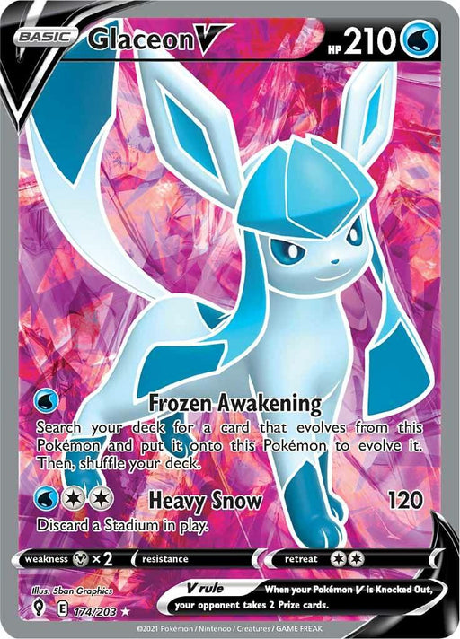 A Pokémon Glaceon V (174/203) [Sword & Shield: Evolving Skies] featuring Glaceon V from the Sword & Shield series' Evolving Skies expansion on a vibrant, pink background. Glaceon, an ice-type Pokémon, is depicted with large blue ears and a diamond-shaped mark on its forehead. The Ultra Rare card details include 210 HP, moves "Frozen Awakening" and "Heavy Snow," and shows its weaknesses, resistance.