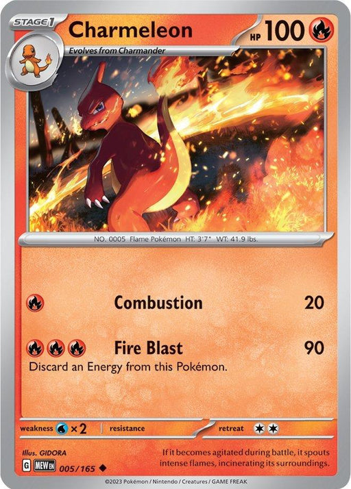 A Pokémon Charmeleon (005/165) [Scarlet & Violet: 151] trading card from the Pokémon Scarlet & Violet series featuring Charmeleon, a bipedal, orange Pokémon with a long tail that has a flame at the tip. This Uncommon card shows Charmeleon with 100 HP. Its moves are "Combustion" and "Fire Blast." The card includes details such as its weight, height, weaknesses, and retreat cost.