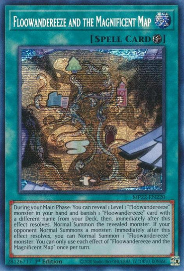 An image of the Yu-Gi-Oh! trading card "Floowandereeze and the Magnificent Map [MP22-EN220] Prismatic Secret Rare" from the 2022 Tin of the Pharaoh's Gods. The card features intricate artwork of a map with various paths and landmarks, enhanced in a Prismatic Secret Rare finish. It has a teal border with detailed card text, labeled as a "Spell Card" and marked as