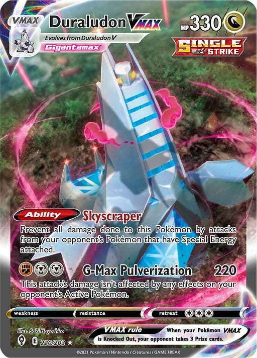 A Pokémon Duraludon VMAX (220/203) [Sword & Shield: Evolving Skies] card from the Evolving Skies set features Duraludon VMAX. It has a dragon-like, partly mechanical appearance with blue, white, and pink accents. With an HP of 330, it's listed as Single Strike and showcases abilities like "Skyscraper" and "G-Max Pulverization." This Secret Rare card has a vibrant background of swirling pinks, purples.