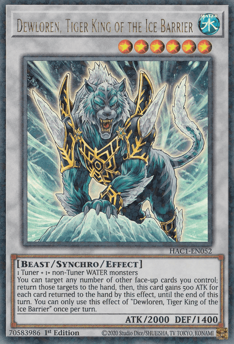 A Yu-Gi-Oh! trading card from Hidden Arsenal: Chapter 1 features Dewloren, Tiger King of the Ice Barrier (Duel Terminal) [HAC1-EN052] Parallel Rare. This blue-armored tiger with a metallic mane and glowing blue claws stands on an icy platform. The 1st Edition card has an ATK of 2000 and DEF of 1400, with text describing its abilities.