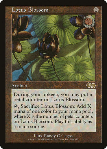 Image of a Magic: The Gathering card named "Lotus Blossom [Urza's Saga]". This artifact costs two colorless mana to cast. Its text includes abilities for adding a petal counter each upkeep and sacrificing it for mana equal to the petal counters. Randy Gallegos's artwork showcases a black lotus flower with multiple stems.