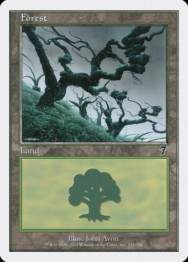 The Magic: The Gathering card named "Forest" (331) from the Seventh Edition showcases an illustration by John Avon of a dense, stylized forest featuring twisted trees under a foggy sky. This Basic Land card displays a tree symbol and is numbered 331/350, ©1993-2001 Wizards of the Coast.