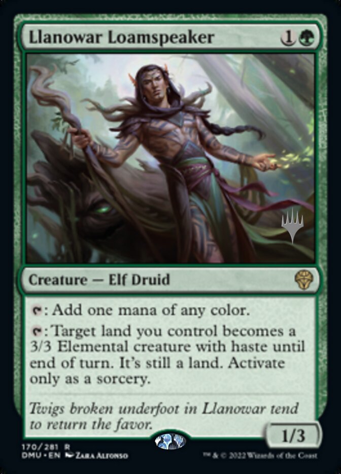 A Magic: The Gathering card titled "Llanowar Loamspeaker (Promo Pack) [Dominaria United Promos]" from the Dominaria United Promos set. This Rare Creature - Elf Druid has a casting cost of 1 green and 1 other mana, with 1 power and 3 toughness. Abilities: Add one mana of any color, or turn a target land into a 3/3 Elemental creature with