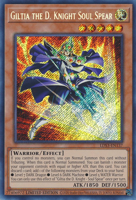 The image is of a Yu-Gi-Oh! trading card named "Giltia the D. Knight Soul Spear [LDS3-EN137] Secret Rare" from Legendary Duelists: Season 3. It depicts an Effect Monster warrior in blue armor holding a glowing spear. The background is a glittering, multi-colored mosaic, with card text detailing its effects and ATK 1850/DEF 1500.