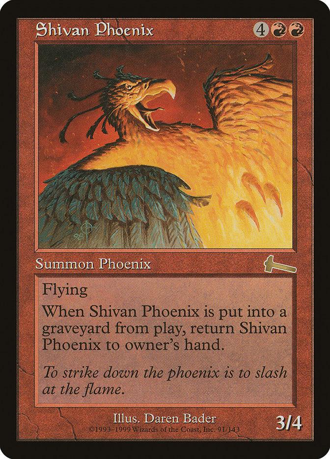 The "Shivan Phoenix [Urza's Legacy]" is a rare Magic: The Gathering card that depicts a fiery phoenix emerging from flames. Requiring 4 generic mana and 2 red mana to cast, this card has flying and boasts stats of 3/4 power and toughness. Its unique ability allows it to return to its owner's hand when it goes to the graveyard. The stunning artwork is by Daren Bader.