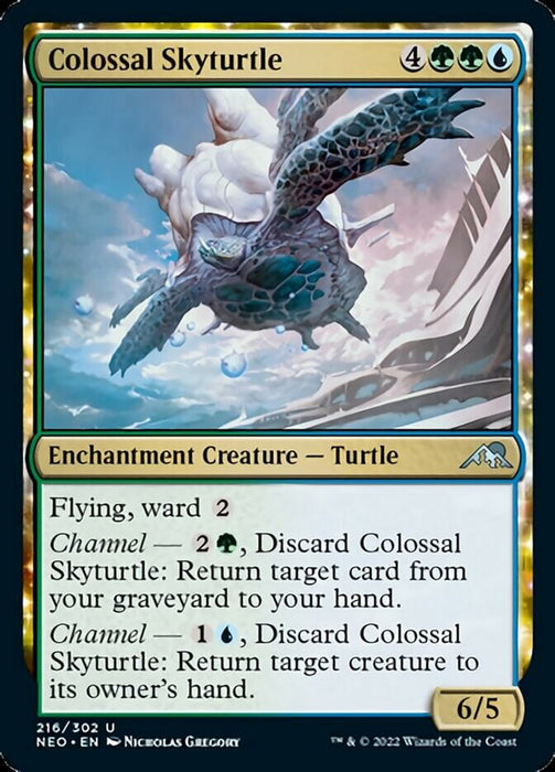 The "Colossal Skyturtle" from Magic: The Gathering's "Kamigawa: Neon Dynasty" set is an Enchantment Creature - Turtle that costs 4 green and blue mana, with a power of 6 and toughness of 5. It features Flying, Ward 2, and offers two Channel options for returning cards to hand. The artwork is by Nicholas Gregory.