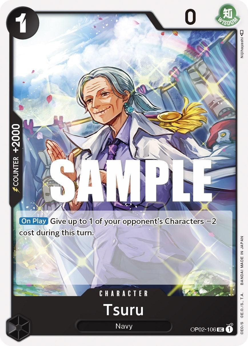 A digital trading card from Bandai's Tsuru [Paramount War] features an elderly woman named Tsuru, with gray hair tied back and wearing a white lab coat over a purple shirt. She has a kind expression and holds up a yellow item. The card text reads: 