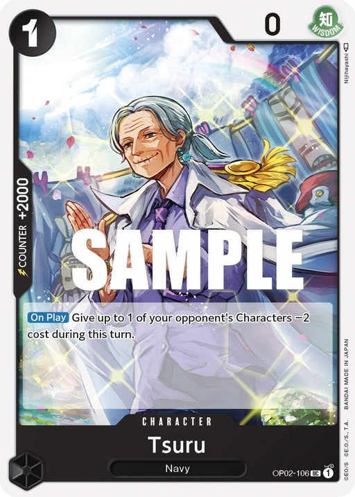A digital trading card from Bandai's Tsuru [Paramount War] features an elderly woman named Tsuru, with gray hair tied back and wearing a white lab coat over a purple shirt. She has a kind expression and holds up a yellow item. The card text reads: "On Play: Give up to 1 of your opponent's Characters -2 cost during this turn." This is an Uncommon Character Card, OP02-