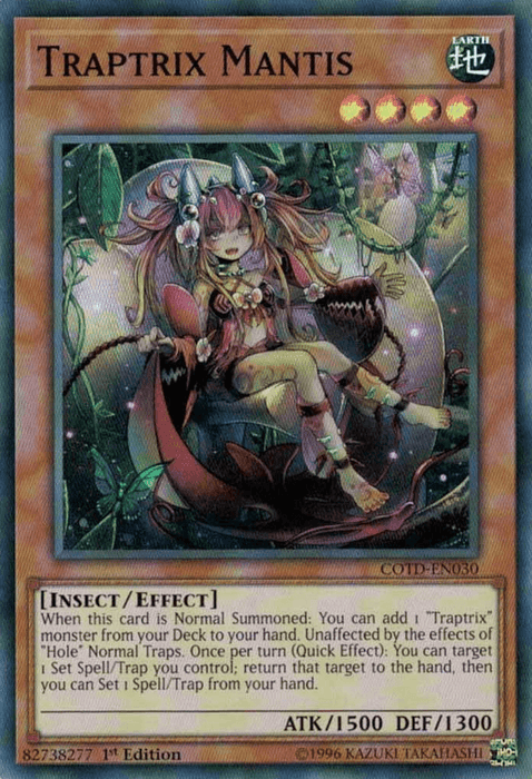 A Yu-Gi-Oh! trading card named Traptrix Mantis [COTD-EN030] Super Rare, featured in Code of the Duelist. This Effect Monster showcases an insect-like female character with red eyes, pink hair, and elaborate attire, holding a sharp weapon. The card has 1500 attack and 1300 defense points, with effect text detailing summoning and trap card abilities.