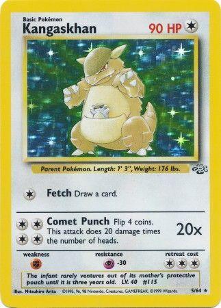 The Kangaskhan (5/64) [Jungle Unlimited] Pokémon card from the Pokémon brand features 90 HP and is a colorless card. It includes the moves Fetch, allowing the player to draw a card, and Comet Punch, which requires flipping a coin to determine the damage. The card has a star rarity symbol, a yellow border, and is illustrated by Mitsuhiro Arita. It is numbered 5 out of 64 in the Jungle Unlimited set ©1995–1999 Wizards.