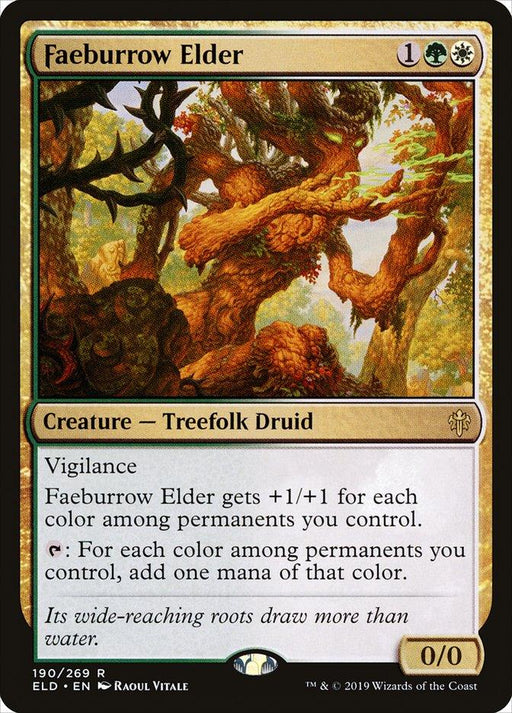 A Magic: The Gathering product titled "Faeburrow Elder [Throne of Eldraine]" has a casting cost of 1 green, 1 white, and 1 generic mana. This Treefolk Druid with vigilance is depicted as a large, ancient tree with glowing runes. Text details its abilities and includes flavor text.