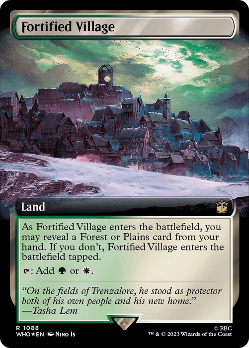 A Magic: The Gathering card titled "Fortified Village (Extended Art) (Surge Foil) [Doctor Who]." This rare card showcases a dark, sprawling village atop a hill fortified with walls and lit by a glowing clock tower. The card text explains its land ability and flavor text below, featuring a quote from Tasha Lem. Part of the Doctor Who set, code WHO.