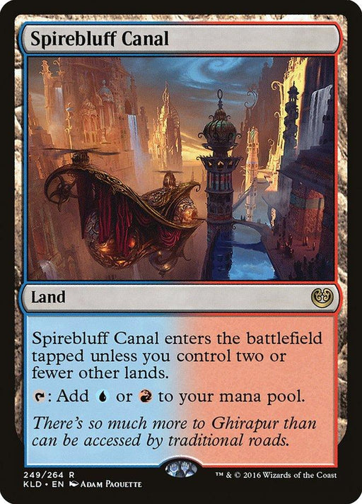 Spirebluff Canal [Kaladesh], a Magic: The Gathering card from Kaladesh, is a land card that enters the battlefield tapped unless you control two or fewer other lands. Tap it to add one blue or red mana to your pool. The artwork showcases a mystical, elevated cityscape with intricate canals.