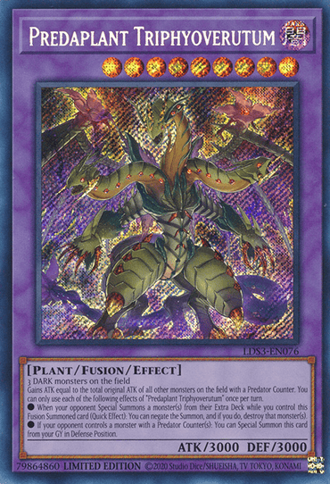 A Yu-Gi-Oh! trading card titled "Predaplant Triphyoverutum [LDS3-EN076] Secret Rare." This Secret Rare card features an image of a monstrous plant creature with dark green foliage and sharp teeth, set against a holographic, shimmering background. The text details its attributes, including 3000 ATK and DEF points, and fusion summoning effects.