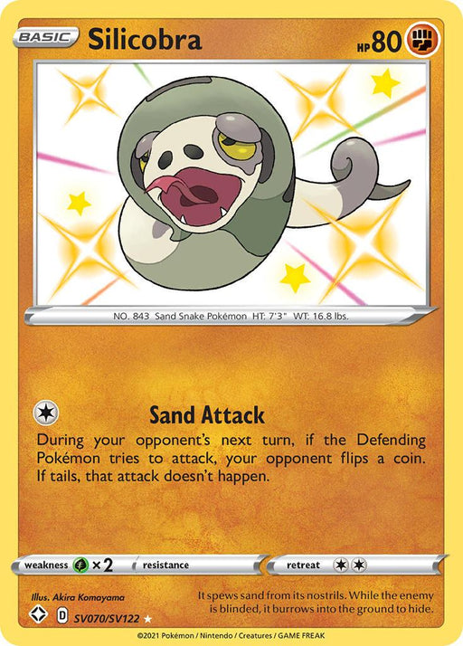 A Pokémon Silicobra (SV070/SV122) [Sword & Shield: Shining Fates] from the Shining Fates expansion featuring Silicobra, a snake-like creature with a gray body and a white underbelly. Silicobra has a circular face with large green eyes and a coiled tail. The Ultra Rare card details its number (#843), type, height, weight, HP (80), and attack move, Sand Attack.