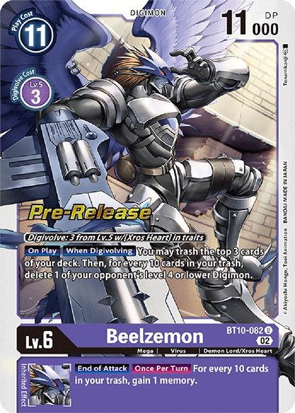 The Beelzemon [BT10-082] from the Digimon Xros Encounter Pre-Release Cards collection showcases a demon lord with blue and black armor, wings, and white claws. This Mega-level Virus type boasts a powerful 11,000 DP and comes with a play cost of 11. It has unique abilities such as trashing cards and gaining memory, placing it in the Demon Lord/Xros Heart category.