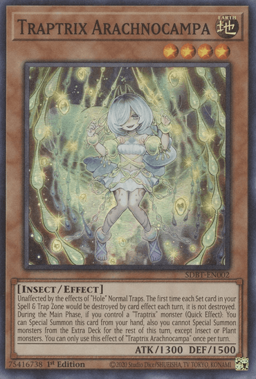 The image showcases the Yu-Gi-Oh! trading card "Traptrix Arachnocampa [SDBT-EN002] Super Rare." This 1st Edition Effect Monster card features an enchanting creature with luminous hair and eyes, surrounded by vibrant lights and webs. Its attributes are Insect/Effect with 1300 ATK and 1500 DEF.