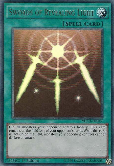 An image of the Yu-Gi-Oh! Swords of Revealing Light [YGLD-ENB17] Ultra Rare trading card from Yugi's Legendary Decks. This Spell Card features artwork of three glowing swords forming a radiant pattern against a dark background, with effect text stating it flips and prevents attacks from the opponent's monsters for three turns.