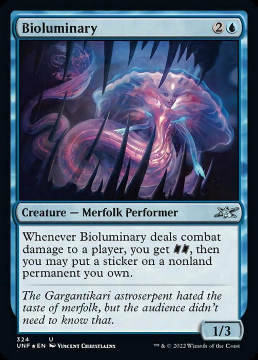 A Magic: The Gathering card titled "Bioluminary (Galaxy Foil) [Unfinity]." The card art shows a glowing merfolk performer with intricate, bioluminescent designs, holding a magical orb. Text reads: "Whenever Bioluminary deals combat damage to a player, you may put a sticker on a nonland permanent you own." It's a 1/3 creature.