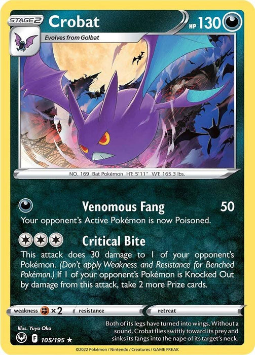 A Pokémon trading card from the Sword & Shield: Silver Tempest series featuring Crobat (105/195). Crobat is a purple, bat-like creature with yellow eyes and a wide mouth. The card showcases its attacks: Venomous Fang and Critical Bite, alongside stats such as HP 130 and weaknesses. Flavour text highlights Crobat's speed and silent hunting in the darkness.