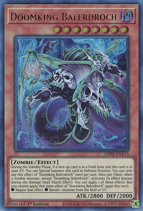 A Yu-Gi-Oh! trading card titled "Doomking Balerdroch [GFP2-EN113] Ultra Rare," from the Ghosts From the Past set. This Ultra Rare card features a powerful, skeletal zombie with black horns and a dark cloak, highlighted in a menacing blue-green aura. It boasts 2800 ATK and 2000 DEF with detailed effect text.
