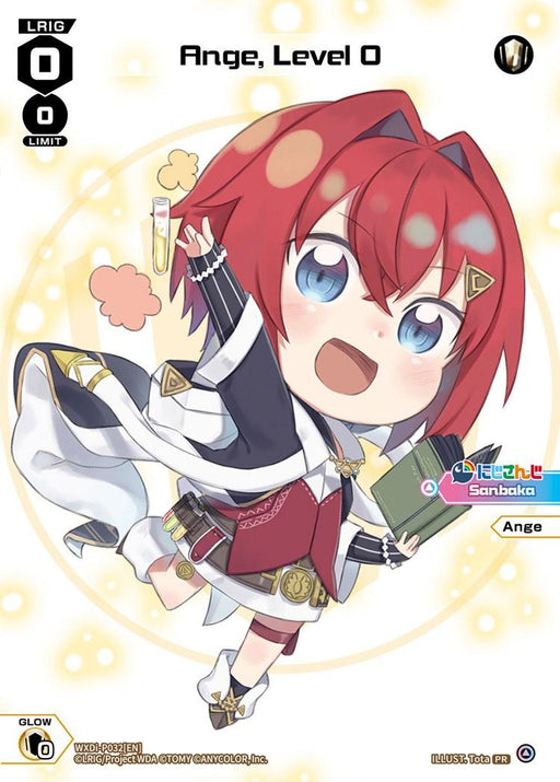 Chibi anime character with red hair and blue eyes, dressed in a white and red outfit, cheerfully holds a test tube and a green book. The background is white with yellow circles and small clouds. Text reads "Ange, Level 0 (Chibi) (WXDi-P032)" at the top, with additional text "Promo Cards" and TOMY logos at the bottom. Release Date TBA.