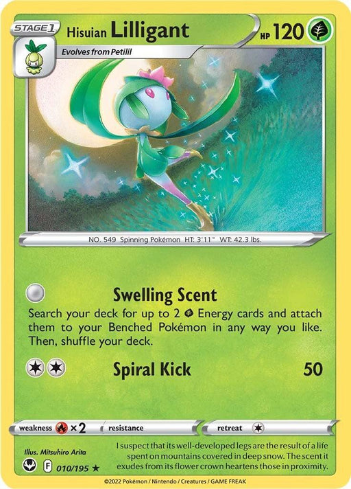 A rare **Pokémon** trading card from the Sword & Shield series featuring **Hisuian Lilligant (010/195) [Sword & Shield: Silver Tempest]** with 120 HP. Primarily green and white, it evolves from Petilil and boasts two moves: Swelling Scent and Spiral Kick. The card includes an illustration of Hisuian Lilligant and various stats for gameplay, part of the Silver Tempest set.