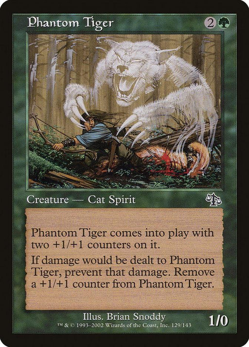 A Magic: The Gathering product titled *Phantom Tiger [Judgment].* The image shows a warrior with a spear facing a ghostly white tiger in a dark forest. The green card, costing 2G, features the Cat Spirit that enters play with two +1/+1 counters. Damage prevention removes one counter. It’s illustrated by Brian Snoddy.
