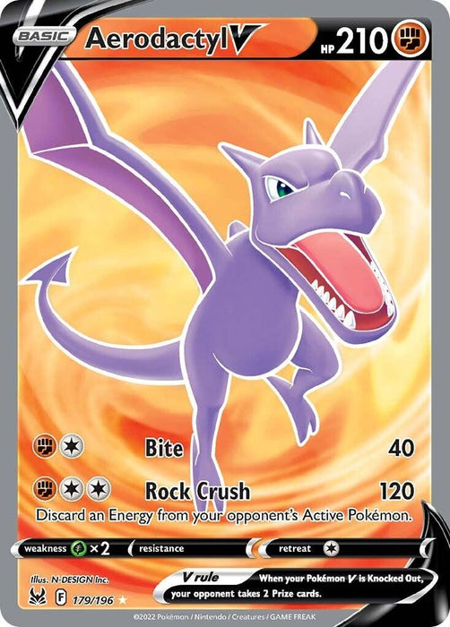 Aerodactyl V (179/196) [Sword & Shield: Lost Origin] Pokémon card. Aerodactyl, a purple, pterodactyl-like creature with sharp teeth, is flying. The Ultra Rare card shows 210 HP, two attack moves: Bite (40 damage) and Rock Crush (120 damage), which discards an energy from the opponent’s Active Pokémon. It has a weakness to electric