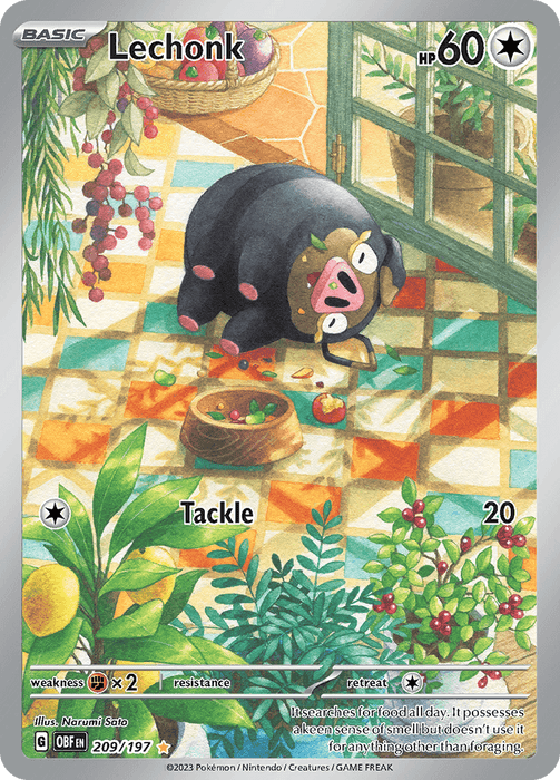 A Pokémon card features Lechonk, a black, pig-like creature with pink nostrils and large eyes, in a colorful, plant-filled room with tiled floors. As an Illustration Rare from the Scarlet & Violet: Obsidian Flames series, Lechonk (209/197) [Scarlet & Violet: Obsidian Flames] by Pokémon has 60 HP and can use the move "Tackle" for 20 damage. The card text describes Lechonk's food-searching abilities.
