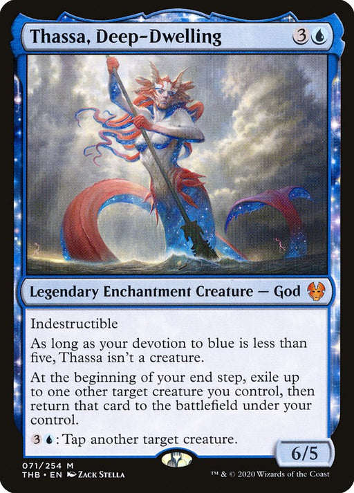 The image features the "Thassa, Deep-Dwelling [Theros Beyond Death]" Magic: The Gathering card from Theros Beyond Death. It depicts a celestial sea god with a trident, enveloped in ocean waves and stars. This Legendary Enchantment Creature boasts indestructibility, devotion to blue, and creature exile/return effects. The power/toughness is 6/5.