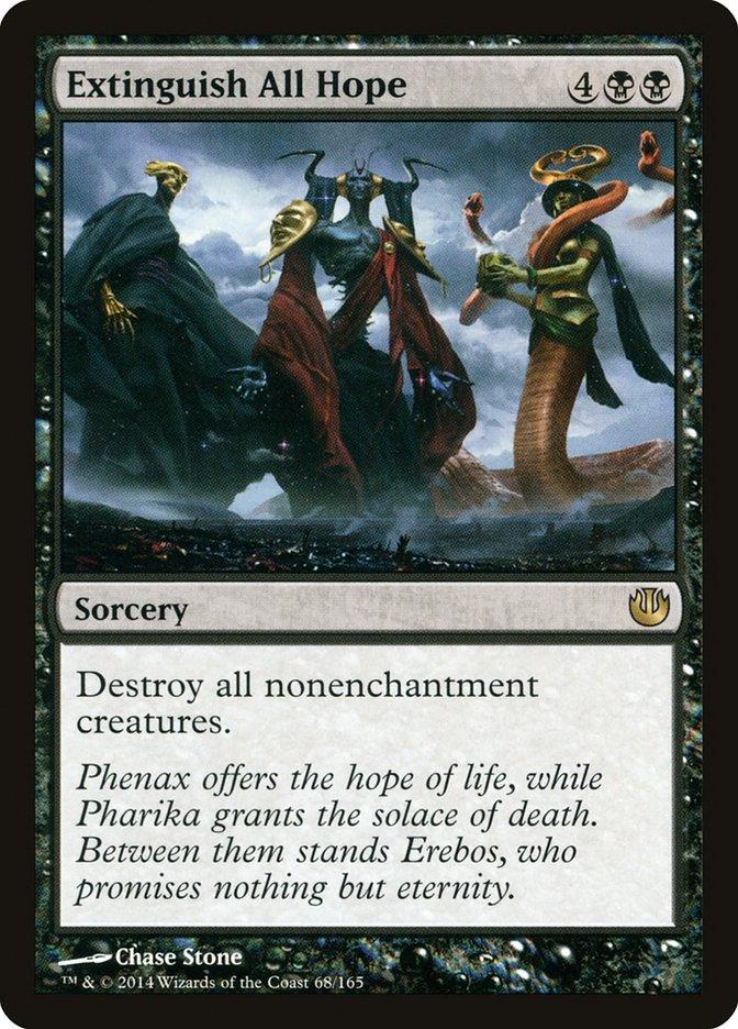 Image of a Magic: The Gathering card titled "Extinguish All Hope [Journey into Nyx]." This rare sorcery card's art features three gods: one hooded with large horns, one in red robes holding a serpent staff, and one with a snake head and human arms. The card text reads, "Destroy all nonenchantment creatures.