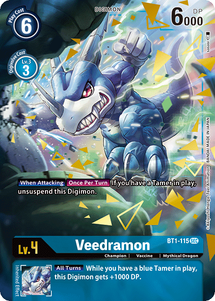 A Digimon trading card from the Release Special Booster Ver.1.0, featuring Veedramon [BT1-115] with alternate art, showcases a blue-and-white dragon-like creature with a horn. Key stats include a play cost of 6, digivolve cost of 3, DP of 6000, and it is at level 4. This Secret Rare card's text describes abilities triggered during attacks and effects active when a blue Tamer is in play.